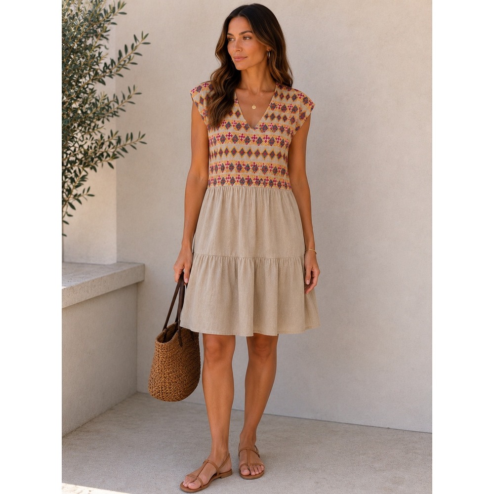 Carolina K Women XS Beige Cotton Gauze Embroidered Tiered Boho Midi Dress